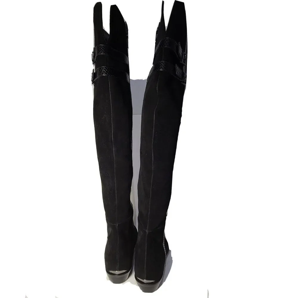 Michael Kors Womens boots OTK Over the Knee black Suede snake trim flat sz 7.5